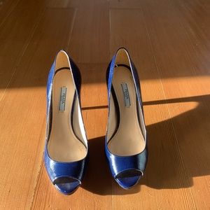 PRADA Navy Blue Patent Saffiano Peep Toe Pumps